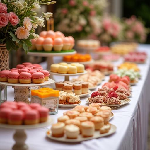 Mesa de catering con postres variados