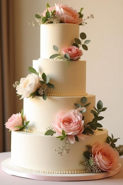 Impresionante tarta de boda decorada con flores naturales.